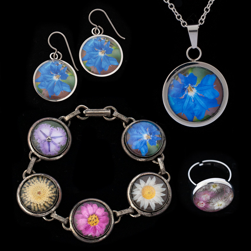 Collection of wildflower jewellery featuring macro photography of West Australian wildflowers